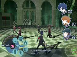 Four of the game's playable characters surrounds a group of three enemies. The camera is centered behind the protagonist, who is wielding a sword. A wheel-shaped menu of icons in the lower-left corner of the screen indicate available battle commands.