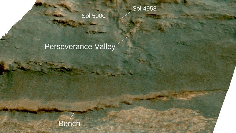 File:View looking west on to Perseverance Valley on the western rim of Endeavour crater laid over 3-D topographic map of the terrain with 5-fold vertical exaggeration.jpg