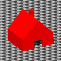 A rendering of a red house on a trimetric hexagonal grid.