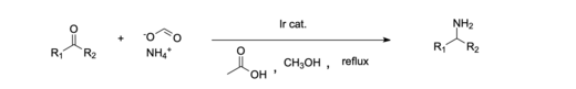 Ketone reacting with ammonium formate, catalyzed by iridium catalyst, to form primary amine.