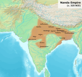 Possible extent of the Nanda Empire under its last ruler Dhana Nanda (c. 325 BCE).[1]
