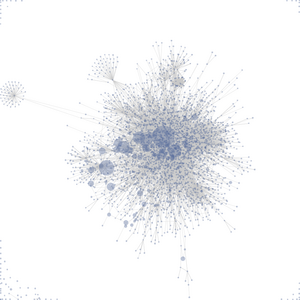 Visualization of a link structure in a wiki, created with Prefuse. Node size represents the amount of activity on the wiki on a given day.