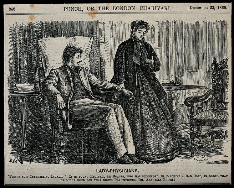 File:A female doctor takes the pulse of a male patient Wellcome V0047593.jpg