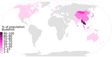 Purple Percentage of Buddhists by country, showing high in Burma to low in United States