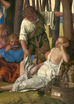 Giovanni Bellini and Titian - The Feast of the Gods - Detail- figures right & tub with script.jpg