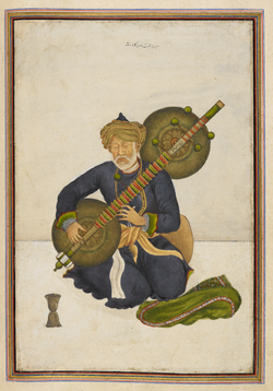 Miyan Himmat Khan Kalawant playing a bin, page from the Tasrih al-aqvam, by Ghulam Ali Khan.png