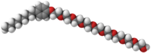Ball-and-stick model of a nonoxynol-9 molecule.