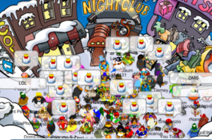 A virtual room full of penguin avatars is shown, with some of them using the birthday cake emoticon.