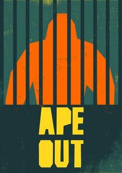 At the top, the orange shade of a gorilla on a light green background and behind dark green horizontal bars. At the bottom the words "Ape" and "Out" in yellow, aligned vertically.