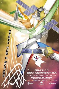 The Ariane 5 launch vehicle, and the GSAT-11 and GEO-KOMPSAT-2A satellites, depicted in front of abstract representations of the Indian and South Korean flags
