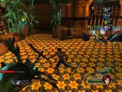 A human and an anthropoid animal character fight a group of spider-like monsters in a darkened room.