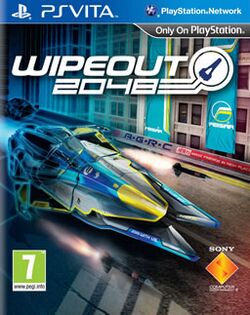 The game's cover art shows an illustration of a futuristic race craft in the centre with shielding around it. A missile is being fired from its starboard. The background contains some tall buildings with advertisement banners draped over them.