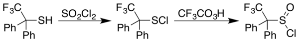 Conversion of F3CCPh2SH to F3CCPh2SCl and on to F3CCPh2S(O)Cl.png