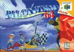 The image shows a stylized title displaying "Pilotwings 64" in blue and red text. Two characters pose on the far left beside a yellow and checkerboard-colored autogyro. A third character is running from the right side of the foreground toward the others. On the right are the logos "Only for Nintendo 64" under a peeled away portion of the image and "K–A ESRB" set within a red tint.