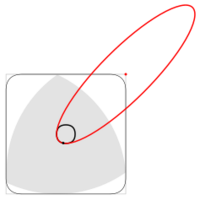 Reuleaux triangle in a square, with ellipse governing the path of motion of the triangle center