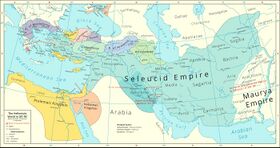 The Seleucid Empire (light blue) in 281 BC on the eve of the murder of Seleucus I Nicator