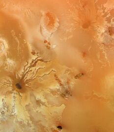 View of lava flows radiating from the volcano Ra Patera on Io