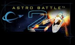 "Astro Battle", A stylized logo showing a ship orbiting a planet on the left, a simple ship design fleeing from an explosion on the right, and in the middle a large wireframe ‘2’. Along the top, “ASTRO BATTLE” is written in yellow letters.