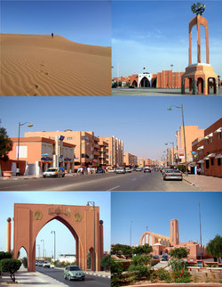 Left to right, top to bottom: Footprints on the sand, Place Mechouar, Street, Monumental Arch, Laayoune Cathedral