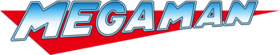 The word "Mega Man" in bright blue gradient text with a thin light blue outline on top of a red triangle