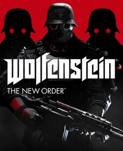 The game's cover art. The text "Wolfenstein" is in the centre, with the text "The New Order" written underneath it, aligned to the left. Behind the text is an enemy soldier, holding a gun in his hands.