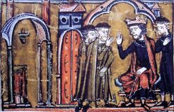 13th-century miniature of King Baldwin II granting the Al Aqsa Mosque to Hugues de Payens
