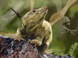 Painting of a mammal-like animal surrounded by dragonfly-like insects in a forested environment
