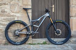 A grey 2020 full suspension mountain bike with a four-bar linkage rear suspension in front of a buildings wall and door.