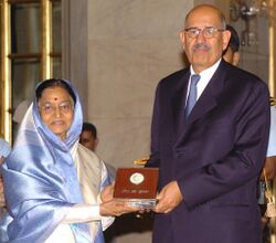 Pratibha Devisingh Patil giving away the Indira Gandhi Prize for Peace, Disarmament and Development-2008 to D.G., IAEA, Dr. Mohamed ElBaradei for his impassioned opposition to the use of Nuclear Energy for Military purpose.jpg