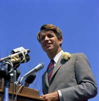Robert F. Kennedy addresses the crowd at San Fernando Valley State College in 1968