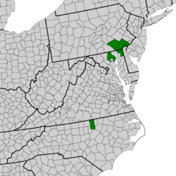 Symphyotrichum depauperatum endemic distribution map: US — Maryland (Baltimore and Cecil Counties); North Carolina (Granville County); and, Pennsylvania (Chester, Delaware, and Lancaster Counties).