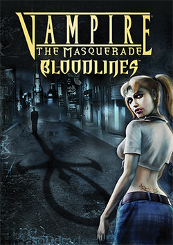 The cover art shows the vampire Jeanette on a street at nighttime, looking back at the viewer; further down the street is a humanoid figure who casts a shadow in the shape of the ankh-like symbol of the Camarilla organization.