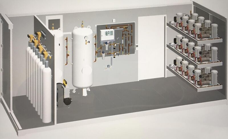 File:Fritz Stephan GmbH FS240 lpm stationay multi molecular sieve oxygen concentrator with buffer tanks, cylinder filling and reserve cylinders.jpg