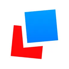 An overlapped red square is behind an askew blue square.