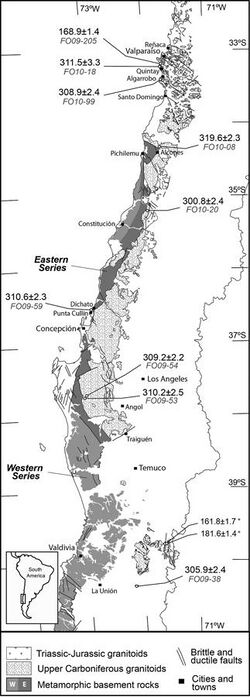 Geological sketch map of central Chile 33° and 40°S with the Coastal Batholith and rocks of the accretionary metamorphic prism - age data are U-Pb zircon crystallization ages.jpg
