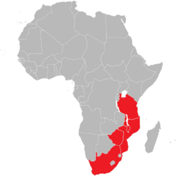 A map of Africa with Malawi, Mozambique, North-Eastern South Africa, Tanzania, and Zimbabwe highlighted