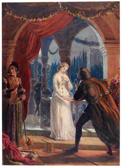 A man in a cape is about to shake hands with a woman in white in an archery with garlands.