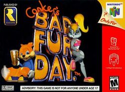 8/10ths of the cover consist of a black background. Imposed onto it is the text "Conker's Bad Fur Day" in the middle (with "Conker" in chalk form and "Bad Fur Day" in a comic 3D font), with an angsty brown squirrel in a blue shirt drinking beer and a gray anthropomorphic chipmunk with yellow ponytail hair in purple tights and a bra standing and sitting beside the text. On the top left is a blue 3D rectangle with a yellow stylish R and the text "Rareware" on it, with white text "Provided by" above the rectangle. Below the squirrel and the chipmunk is a horizontal white rectangle with black text in all caps: "ADVISORY: THIS GAME IS NOT FOR ANYONE UNDER 17". On the right is a tall, red rectangle with its top peeled to show a cubed, colorful N shape below text saying "Nintendo 64," both imposed onto a white box within a yellow background and next to a paper peel with the red text "Only on ↑" on it. Below the peeled graphic is white-lined symbols of a Rumble Pak and an Nintendo 64 controller, with white text below each indicating the name of the object, and a square mostly made up by a slanted, bolded black "M" letter, with the text "ESRB" below it.