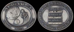 Apollo 14 mission emblem and crew names (front). Dates (launch, lunar landing, and return) (back)