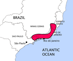 Map shows the coastline of south-east Brazil. A strip running roughly south-west to north-east along part of this coastline is coloured red. The red strip is about five times as long as wide and extends either side of Rio de Janeiro.