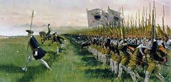 Painting of Prussian infantry marching in ranks across a field