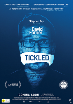 movie poster, depicting the face of a man, his mouth covered by a cloth gag with the word 'tickled' superimposed over it
