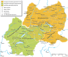 Alemannia (orange) and Upper Burgundy (green) in the 10th century