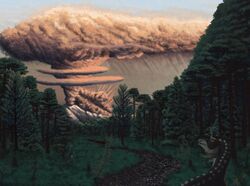 Illustration of volcano clouds over a forest with dinosaurs