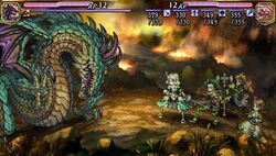 In a clouded, barren area, a group of four soldiers engage in battle against a green-colored dragon.