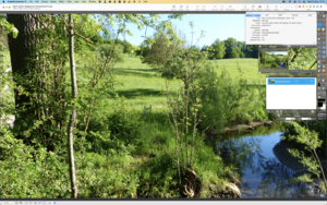 Screenshot of GraphicConverter 12.0.2 displaying Bach-neben-Baggersee-Neckarhausen.jpg (a file from wikimedia commons), including various floating windoid editing tools.png
