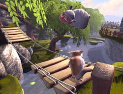 First screenshot of Yo Frankie!, running on the Blender Game Engine, showing Frank the sugar glider overlooking a collapsed bridge