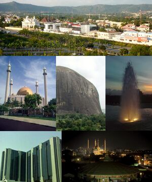 From top (L–R): View of a street in Maitama, Abuja National Mosque, Zuma Rock, fountain in Millennium Park, Central Bank headquarters, and nighttime skyline of the Central Business District