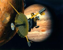 A painting of a spacecraft with fully extended, umbrella-like radio antenna dish, in front of an orange planetary body at left with several, blue, umbrella-like clouds, with Jupiter in back ground on the right, with its Great Red Spot visible