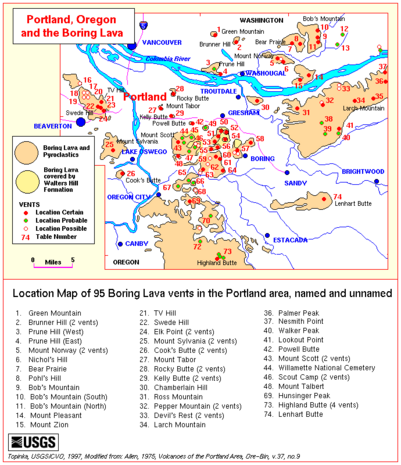 Map of the Boring Lava Field with a total of 95 vents including 74 named cones, with major landmarks marked including Portland, Vancouver, and other cities as well as the Columbia River